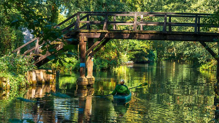 Lübbenau Cottbus, Germany - September 25. 2018 - Tourists in boats and paddle boats explore the famous Spreewald near the city of Cottbus in East Germany. The nature reserve is known for its many small rivers through the forest with picturesque views, typical wooden bridges and old houses