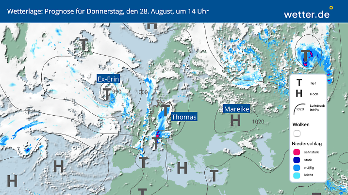 Der ehemalige Hurrikan Erin und Teiltief Thomas bringen unruhiges Wetter.