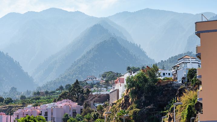 View of the mountains surrounding Santa Cruz de la Palma at sunset from the castle of the virgin, Canary Islands