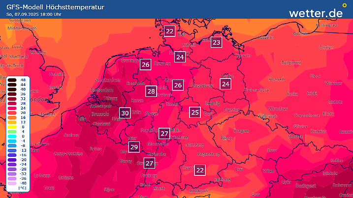 Die Höchstwerte am Sonntag, 07.09.2025