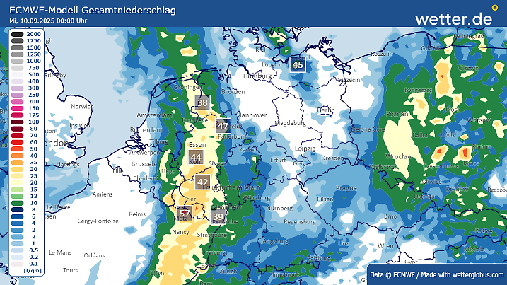 Niederschlagsmengen bis Dienstagabend
