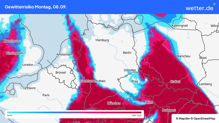 Das größte Gewitterrisiko kommt am Vormittags aus dem Südwesten. (Stand der Vorhersage: 07.09. um 11:30 Uhr für den 08.09. um 11 Uhr)