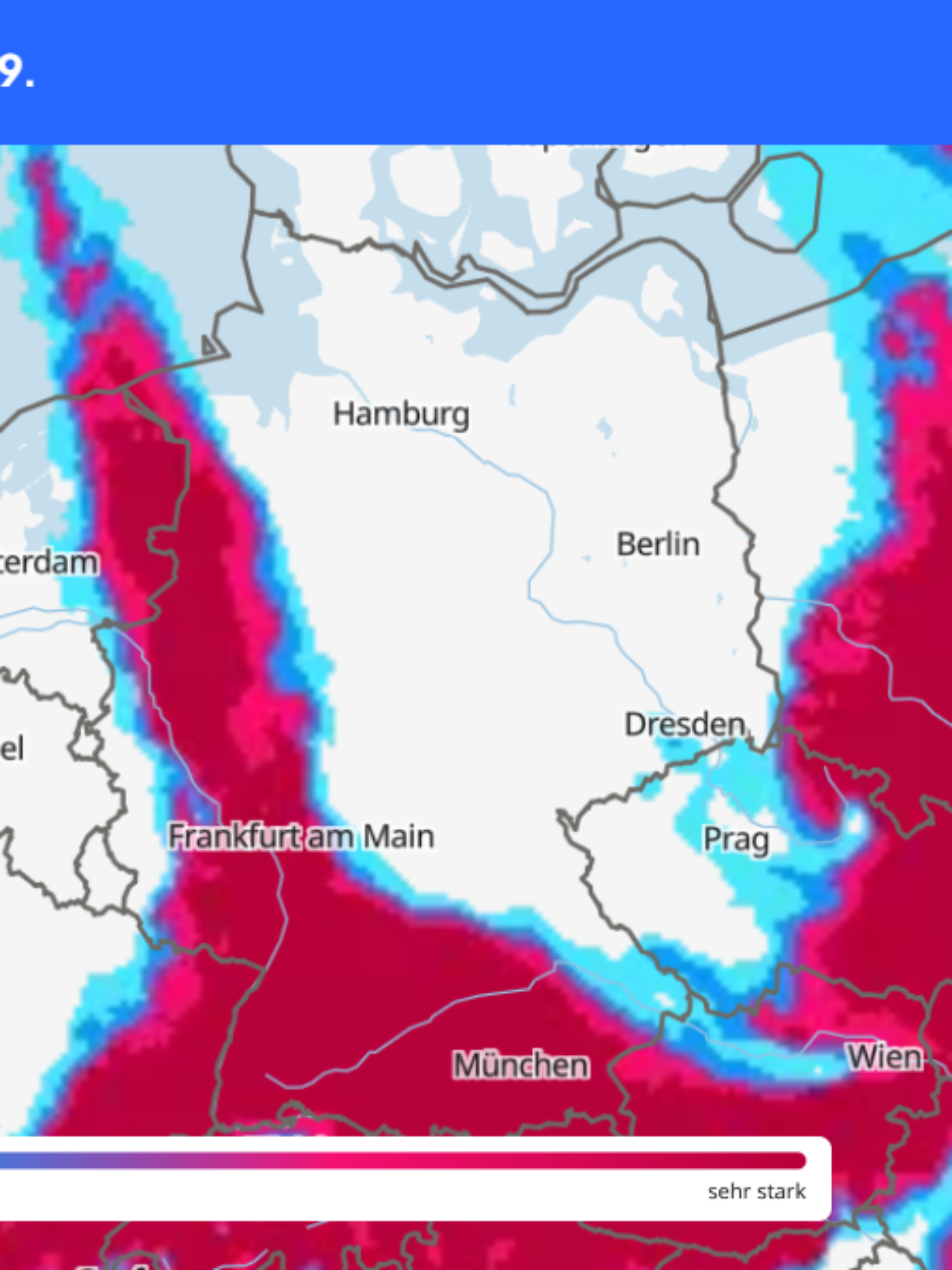 Das größte Gewitterrisiko kommt am Vormittags aus dem Südwesten. (Stand der Vorhersage: 07.09. um 11:30 Uhr für den 08.09. um 11 Uhr)