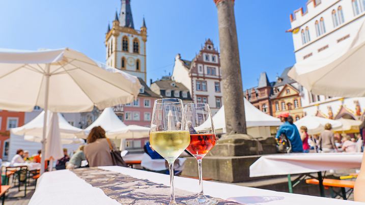 City of Trier - wine festival, wine glasses with German wine at the market square.