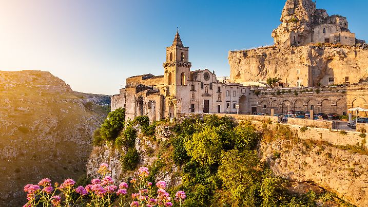 Ancient town of Matera (Sassi di Matera) at sunrise, Basilicata, southern Italy.