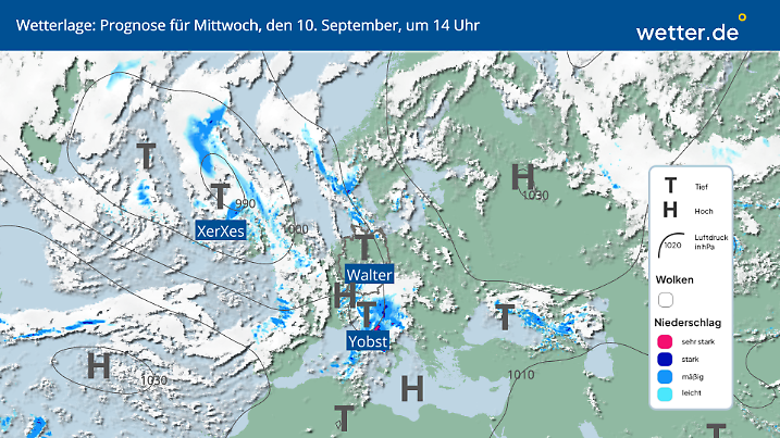 So ist die Hoch-Tief-Verteilung in Europa am 10. September 2025.