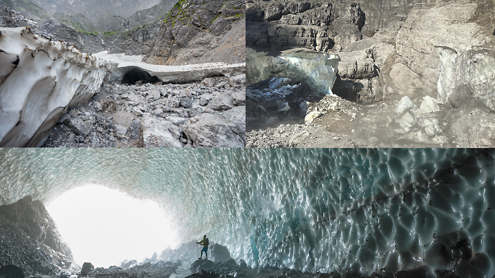 Die Eiskapelle: Sehenswürdigkeit und Geotop. Das Foto rechts oben zeigt sie nach ihrem Einsturz, die anderen beiden Fotos sind aus besseren Zeiten, als sie noch intakt und begehbar war.