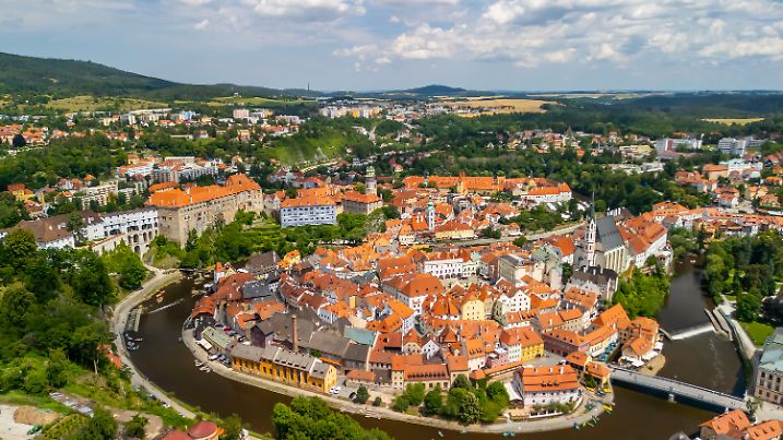 aerial view cityscape of historical city Cesky Krumlov castle st Vitus Church, river Vltava, Czech republic