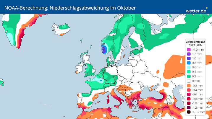 Die NOAA-Berechnung zeigt über West- und Nordeuropa einen teilweise viel zu nassen Oktober 2025.