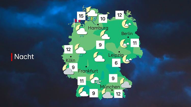 Ruhigere Nacht, im Westen neue Schauer zum Morgen