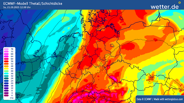 ThetaE, oder die äquivalente Temperatur, ist ein Maß dafür, wie viel Energie und Feuchtigkeit in der Luft enthalten sind. Wenn ThetaE hoch ist, bedeutet das, dass die Luft instabil ist und eher dazu neigt, Gewitter zu bilden, weil sie viel Energie hat, um sich zu bewegen und zu verändern.