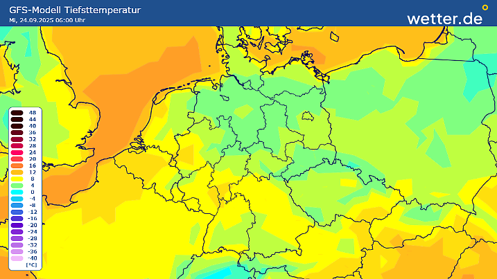 Prognose für die Tiefsttemperaturen der Luft (in zwei Meter Höhe) in der Nacht auf Mittwoch: Der Norden Deutschlands kühlt stärker aus als der Süden Deutschlands.