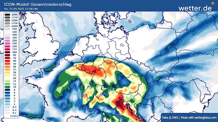 Die Regensummen bis Donnerstag, 12 Uhr - berechnet vom ICON-Modell