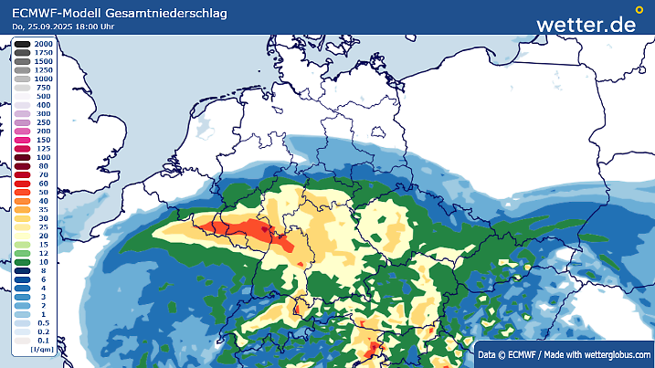 Die Regensummen bis Donnerstag, 18 Uhr nach dem ECMWF-Modell.