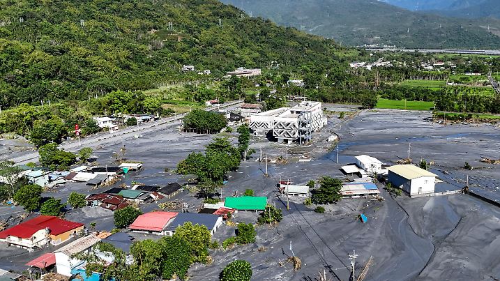 A drone view shows mud covering areas of Hualien