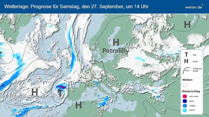 Die Wetterlage am Samstag: Hoch Petralilly dominiert den Norden Europas.