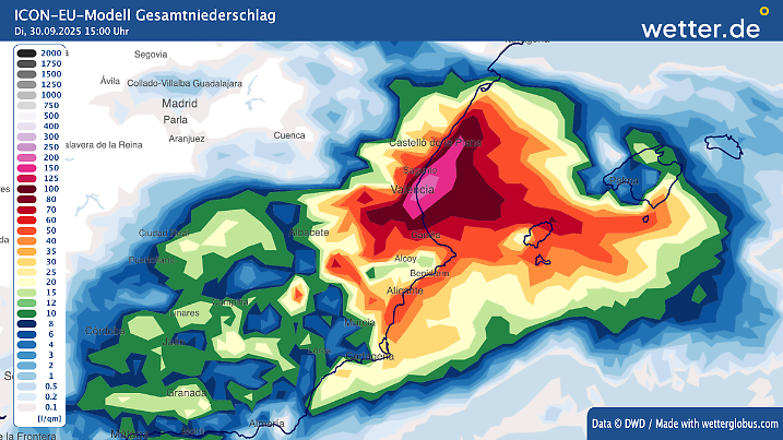 Wie bei den enormen Wassermassen im Herbst 2024 liegt der Unwetterschwerpunkt jetzt abermals im Bereich Valencia.