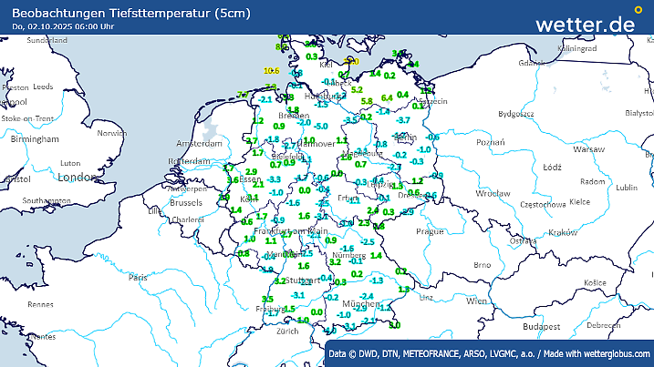 Tiefstwerte am Erdboden am Donnerstagmorgen
