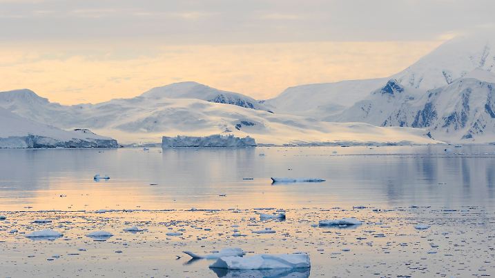 Southern Ocean, Antarctica, Neko Harbour. The low sun casts pastel colors on the snow and water of the harbor. PUBLICATI