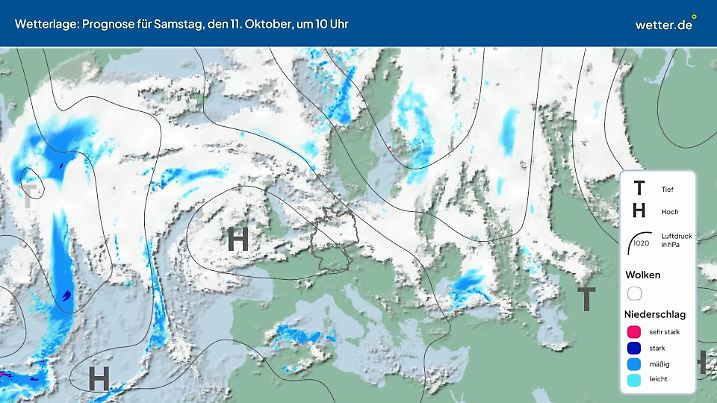 Ein Hoch schiebt sich an Deutschland heran - das bedeutet aber leider nicht zwangsläufig Goldenes Oktober-Wetter.