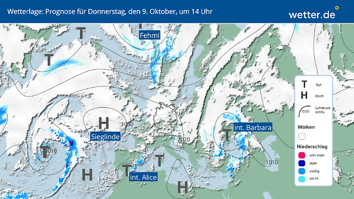 Die aktuelle Wetterlage: Das Hoch setzt sich noch nicht in Szene.