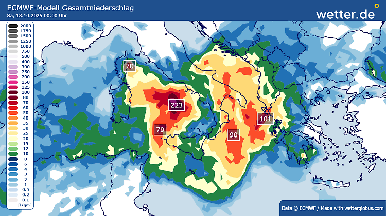 Die Regenmengen am Mittelmeer bis Freitagabend