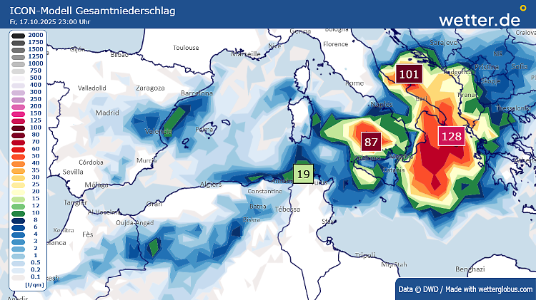 Unwetterkarte für Südeuropa bis Freitagabend, 17. Oktober