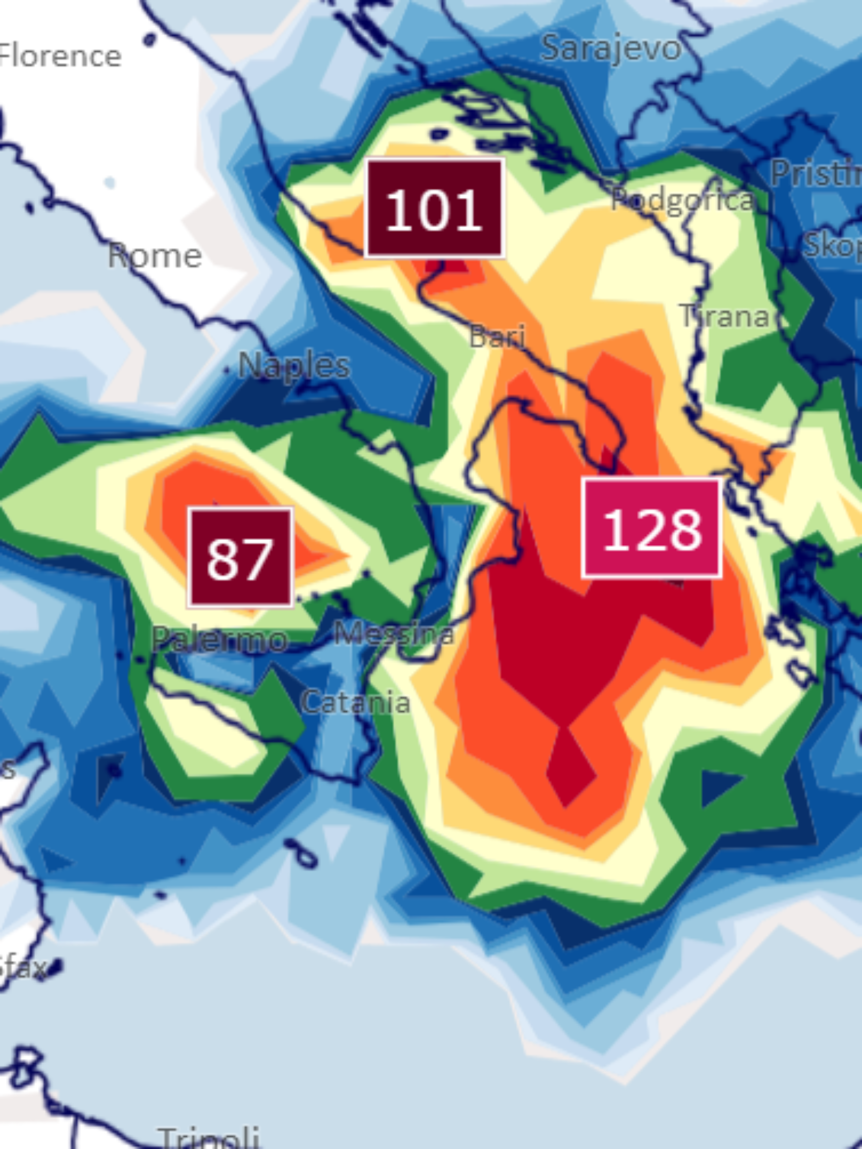 Unwetterkarte für Südeuropa bis Freitagabend, 17. Oktober