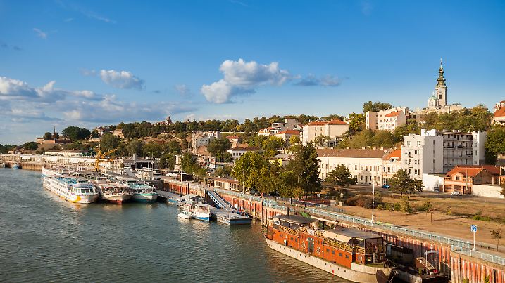 River boats and barges (splavs) along the Sava River, Belgrade, Serbia