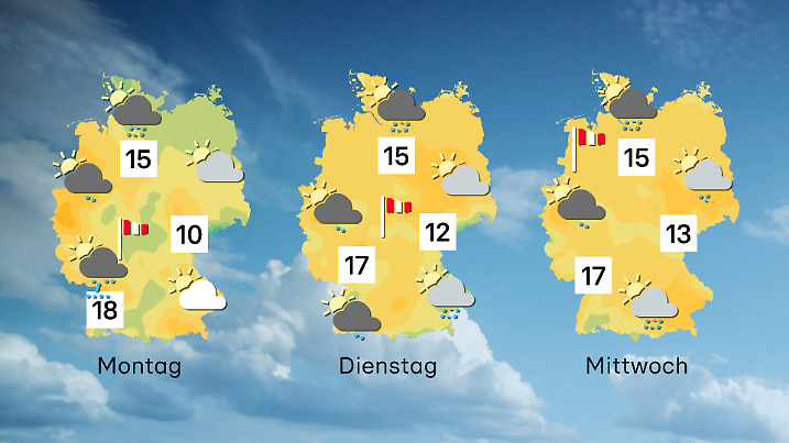 Die Temperaturen in Deutschland steigen in der nächsten an, aber besonders im Westen wird das Wetter ungemütlich mit vielen Wolken, Regen und Wind. Die Prognosen zeigen aber auch dort immer noch ein bisschen Sonnenschein.