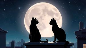 Silhouetten einer Katze und eines Katers, die auf einem Dach vor dem Hintergrund des großen Mondes und des Sternenhimmels sitzen.