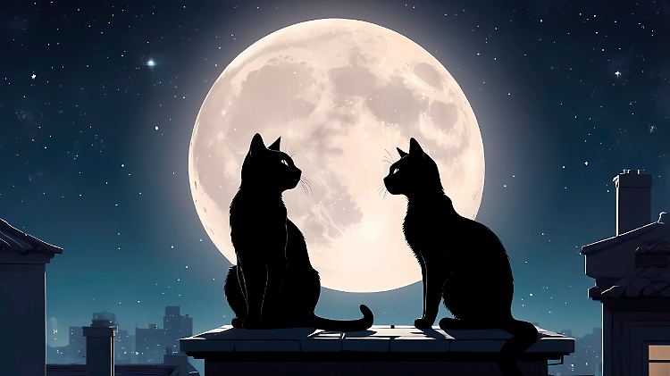 Silhouetten einer Katze und eines Katers, die auf einem Dach vor dem Hintergrund des großen Mondes und des Sternenhimmels sitzen.