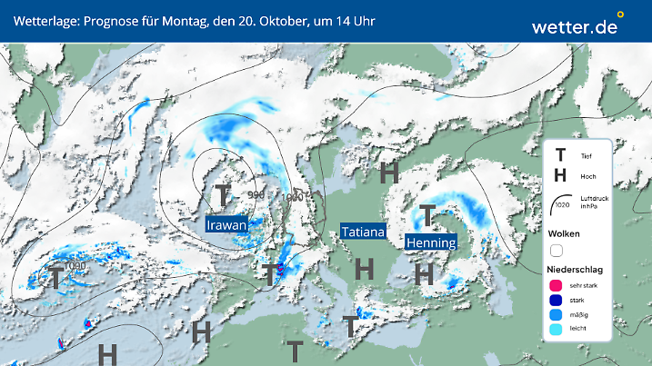 Die Wetterlage vom 20. Oktober zeigt, dass kalte Polarluft nach Deutschland strömt.