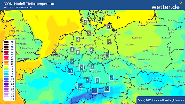 Tiefstwerte am Montag, 27.10.2025