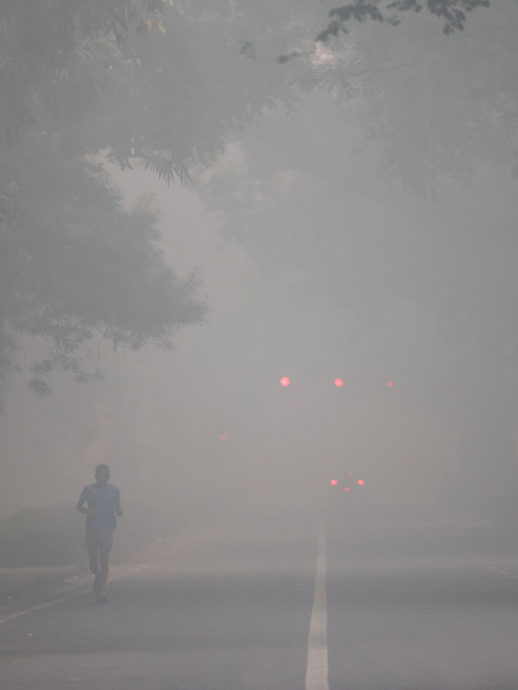 A man jogs on a road shrouded in smog on the day after Diwali, in New Delhi