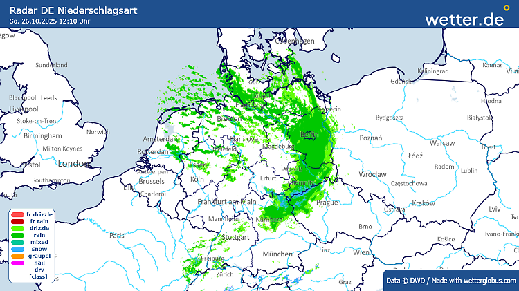 Der Regenradar von 13:10 Uhr zeigt, dass es aktuell im Erz- und Fichtelgebirge schneit. (wegen der Zeitverschiebung ist die Uhrzeit noch nicht angepasst)