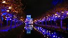 
Stuttgart, Germany - November 19, 2019: Christmas decor of Christmas Garden Stuttgart. New Year and winter holiday celebration traditions. Illuminated building of zoological and botanical garden Wilhelma. Blurry shiny lights in darkness of night.