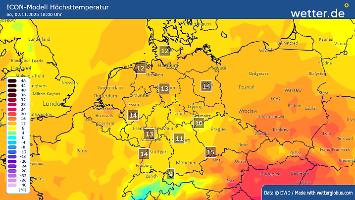 Höchstwerte am Sonntag, 02.11.2025