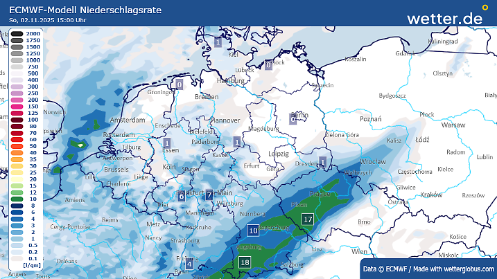 Am Sonntag kann es insbesondere im Süden zu kräftigem Regen kommen. Die Werte in der Wetterkarte zeigen, wie viel Liter pro Quadratmeter Regen in einer Stunde fallen kann.