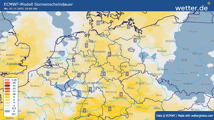 Die Wetterkarte zeigt, wie viel Sonne am Montag, den 03.11. scheinen wird.