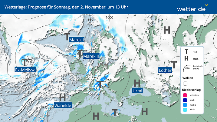 Wetterlage: Tief Marek hat uns im Griff, doch Ex-Hurrikan Melissa bahnt sich aus dem Westen an.