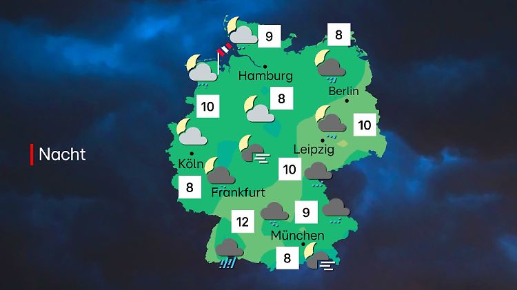 In der Nacht nimmt der Regen vor allem im südlichen Teil weit zu, während es im Nordwesten aufklart.