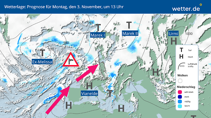 Wetterlage Montag, 03. November: Ex-Hurrikan Melissa sorgt für Sturm auf den Britischen Inseln und zapft Warmluft aus Südwesteuropa an.