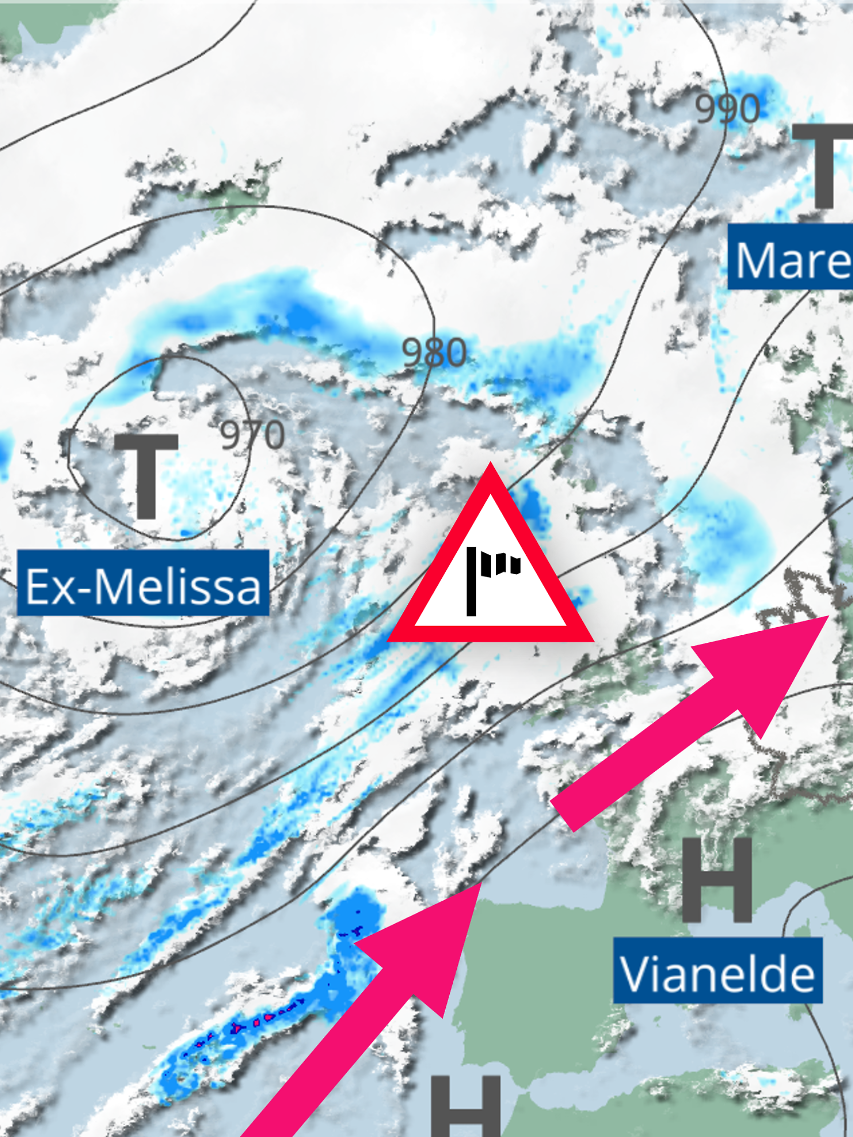 Wetterlage Montag, 03. November: Ex-Hurrikan Melissa sorgt für Sturm auf den Britischen Inseln und zapft Warmluft aus Südwesteuropa an.