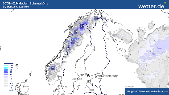 Dick verschneit ist auch Skandinavien noch nicht. Schnee konzentriert sich auf die Berge und den höchsten Norden.