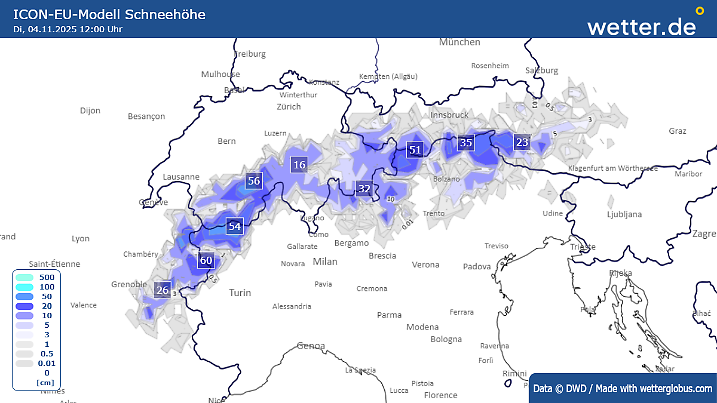 In den Alpen gibt es schon reichlich Schnee.