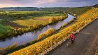 
nice senior woman riding her electric mountain bike in the steep autumnal colored vineyards of River Neckar Valley,Baden-Wuerttemberg, Germany