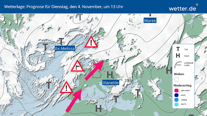 Wetterlage vom Dienstag, 4. November: Ex-Melissa beeinflusst das Wetter von Portugal bis Norwegen und bringt uns gleichzeitig Wärme.