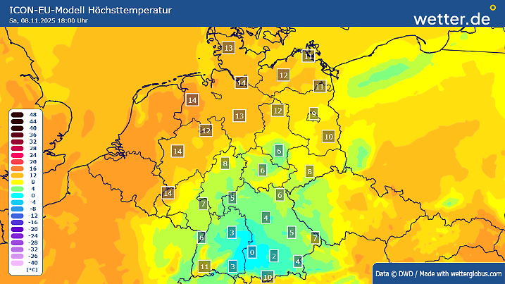 Höchstwerte für Samstag, 8. November 2025: Der Norden und Westen hat am Samstag wohl noch recht milde Luft, sonst könnte es aber schon deutlich in den Temperatur-Keller gehen!