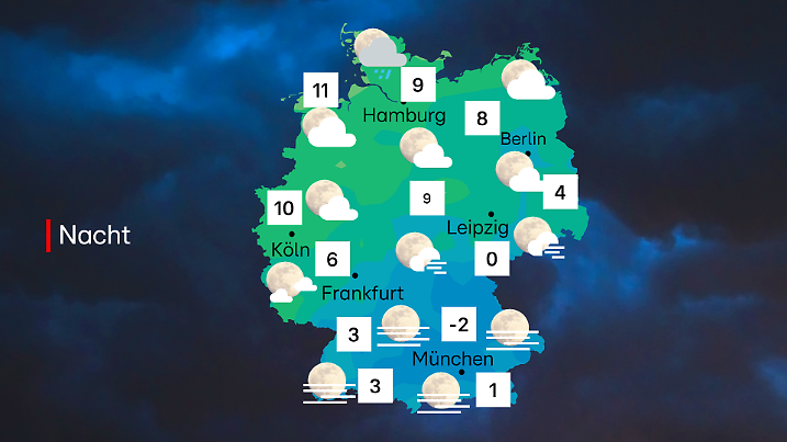 In der Nacht auf Mittwoch kann man den Vollmond gut beobachten. Allerdings kann es im Norden ein bisschen regnen und sonst können ein paar Wolken oder Nebel stören.